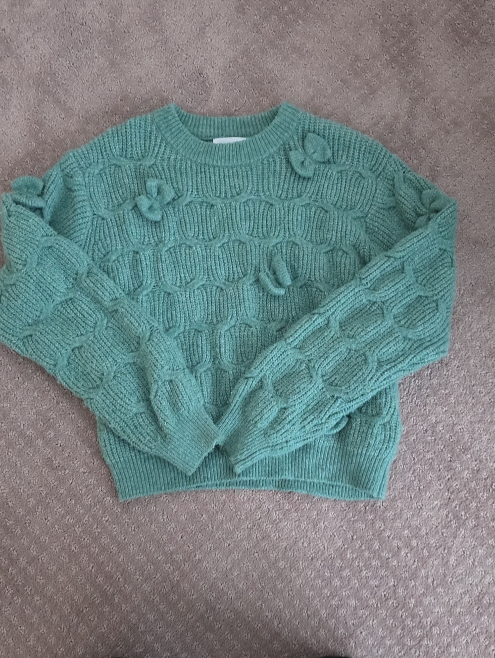 Zara Mint Green Cable Knit Sweater with Decorative Bows